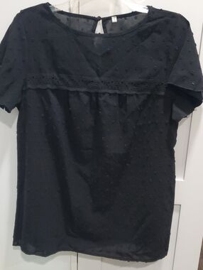 Black Swiss Dot Short-Sleeve Blouse with Lace Yoke